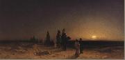Karl Friedrich Christian Welsch Crossing the Desert at Sunset, oil painting